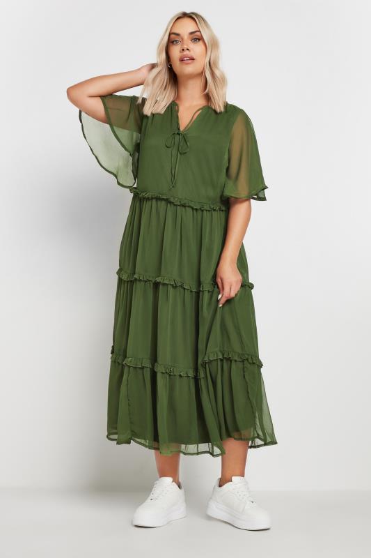 Plus Size  YOURS Curve Khaki Green Chiffon Tiered Midaxi Dress