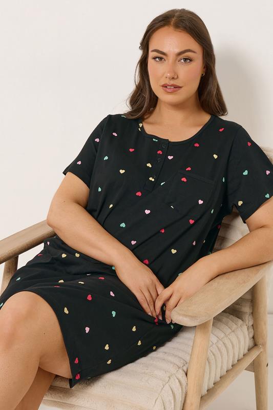 YOURS Plus Size Black Heart Placket Nightdress | Yours Clothing 1