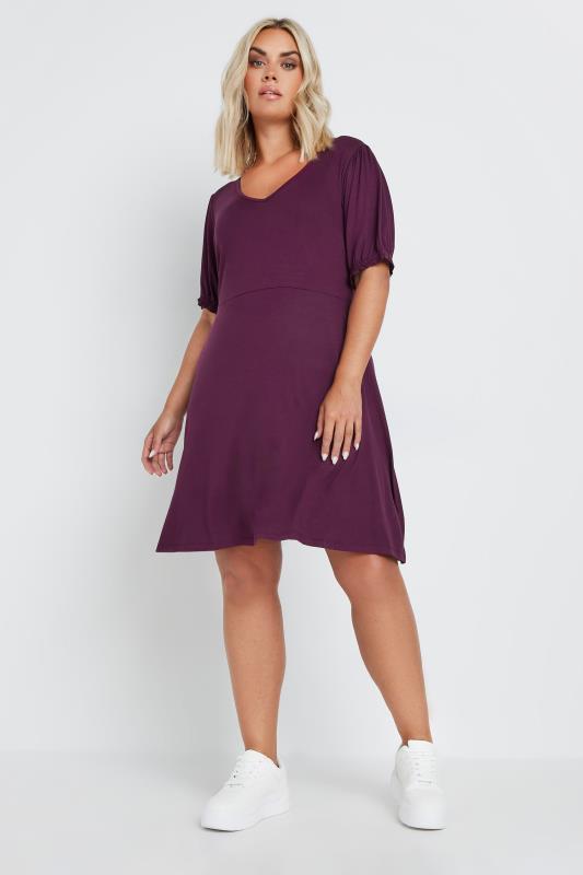 YOURS Plus Size Burgundy Red Puff Sleeve Mini Dress | Yours Clothing 2