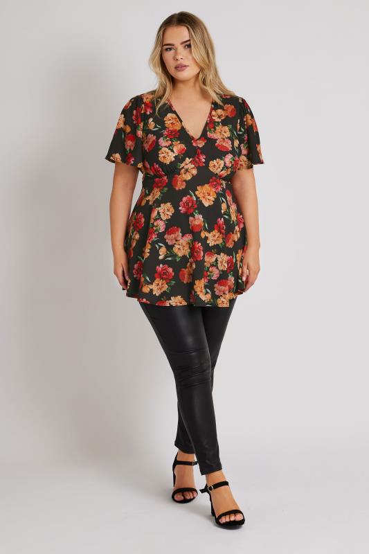 YOURS LONDON Plus Size Black Floral Print Angel Sleeve Blouse | Yours Clothing 2