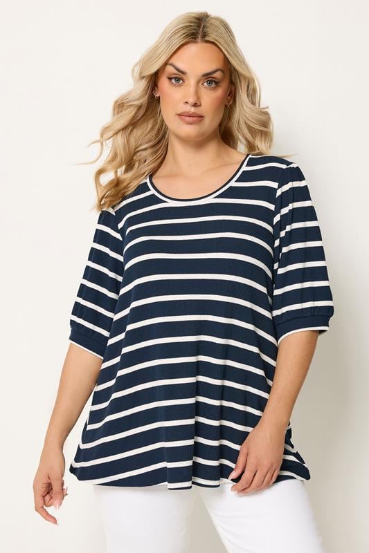 YOURS Plus Size Navy Blue Stripe Puff Sleeve Top | Yours Clothing 1
