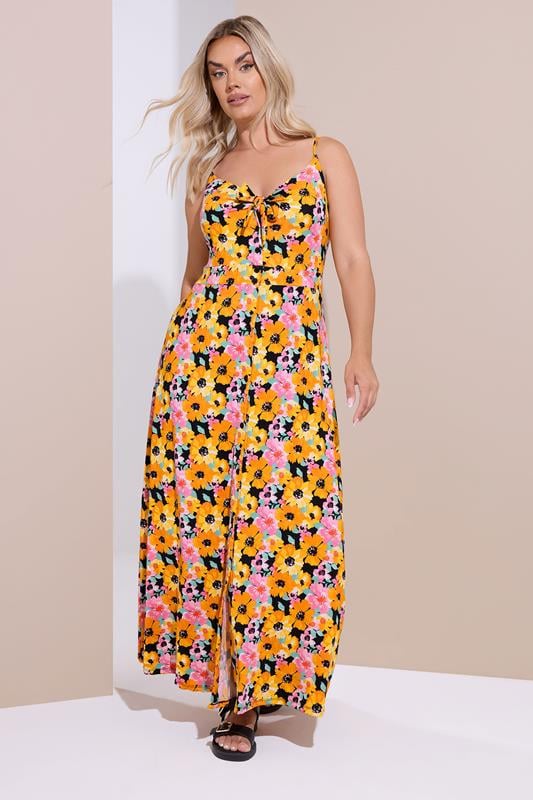  YOURS Curve Black & Orange Floral Print Maxi Dress
