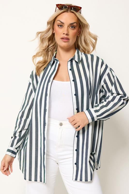 YOURS Plus Size Navy Blue Stripe Linen Shirt | Yours Clothing 1