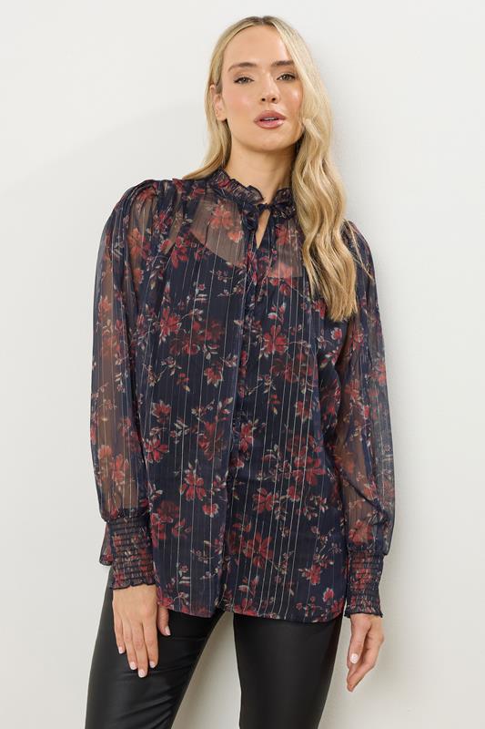 Tall  LTS Tall Navy Blue Floral Print Frill Neck Blouse