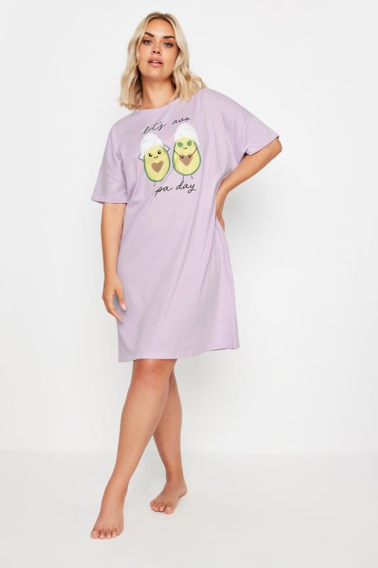 YOURS Plus Size Purple 'Let's Avo Spa Day' Slogan Sleep Tee Nightdress | Yours Clothing 1