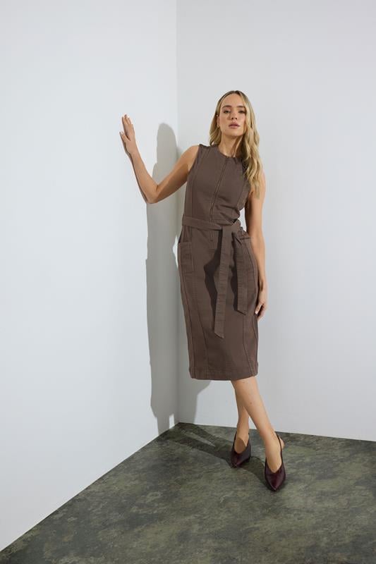 LTS Tall Chocolate Brown Zip Front Denim Midi Dress