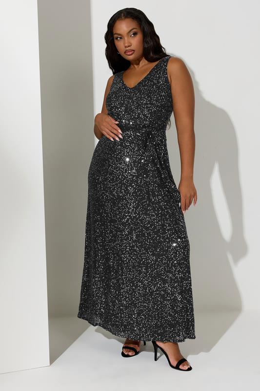 YOURS LONDON Plus Size Black Sequin V-Neck Maxi Dress | Yours Clothing 1