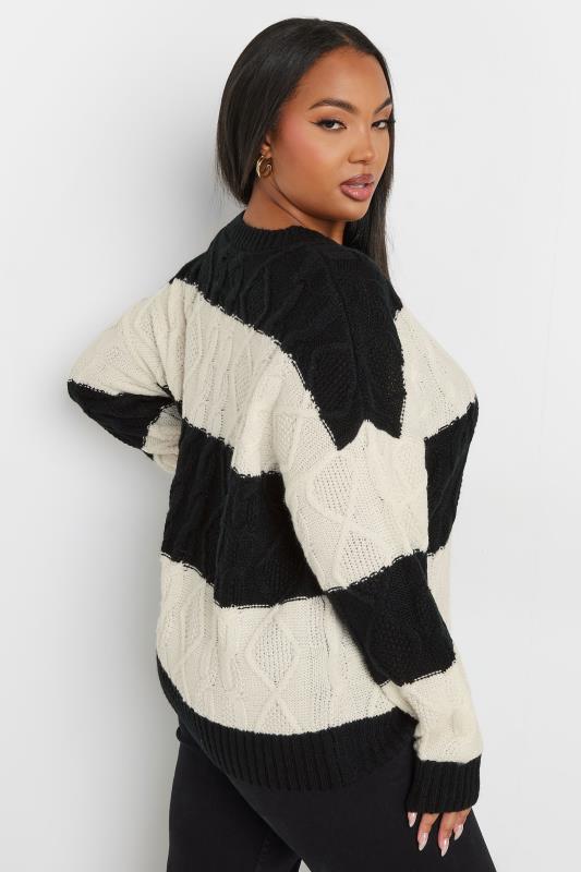 YOURS Plus Size Black & Cream Stripe Cable Twist Jumper | Yours Clothing 4