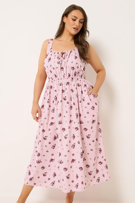 YOURS Plus Size Pink Floral Linen Milkmaid Dress | Yours Clothing 1