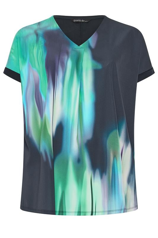 EVANS Plus Size Navy Blue & Teal Green Blurred Top 5
