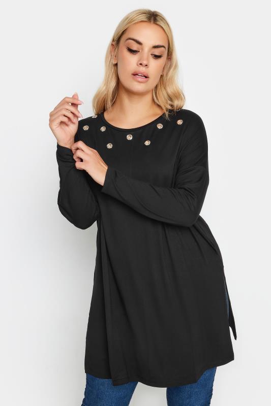 YOURS Plus Size Black Eyelet Detail Oversized Long Sleeve T-Shirt | Yours Clothing 1