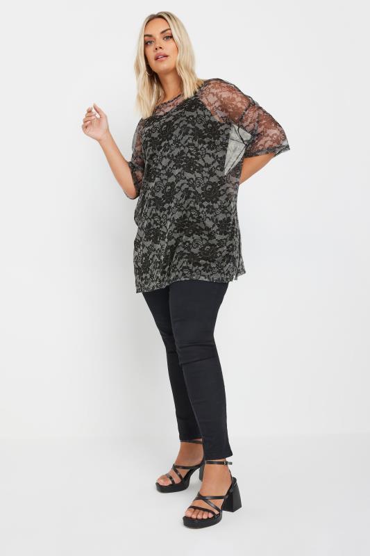 YOURS Plus Size Black & Grey Floral Print Oversized Mesh Top | Yours Clothing 2