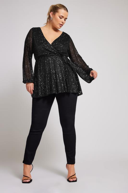 YOURS LONDON Plus Size Black Wrap Sequin Top | Yours Clothing 2