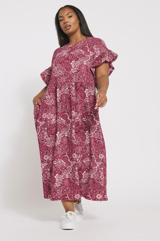 YOURS Plus Size Burgundy Red Floral Frill Sleeve Midaxi Dress | Yours Clothing 1