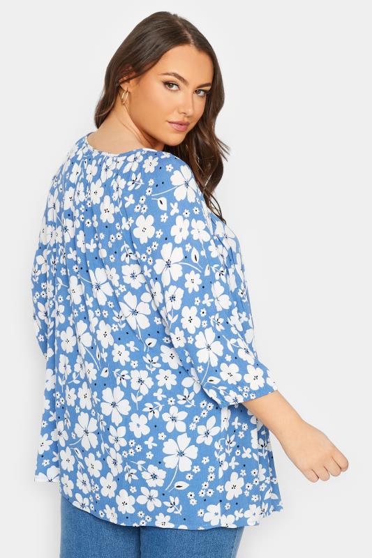 YOURS Plus Size Blue Floral Tie Neck Top | Yours Clothing 3