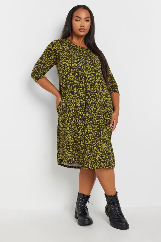 YOURS Plus Size Black & Yellow Floral Print Pocket Dress | Yours Clothing 1