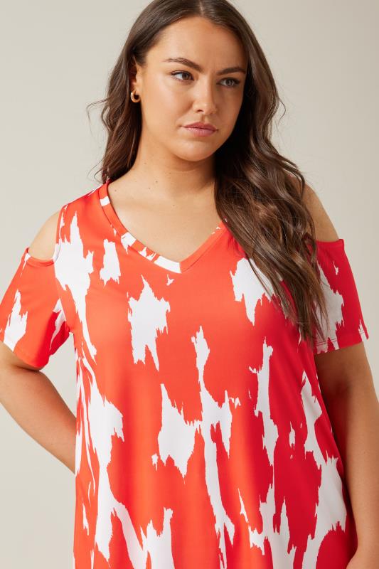 EVANS Plus Size Orange Abstract Print Cold Shoulder Top | Evans  4