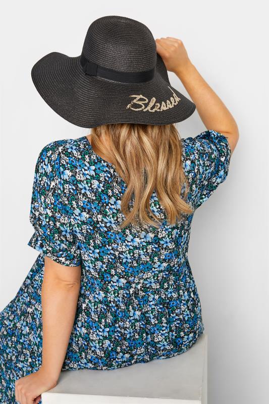 Black 'Blessed' Floppy Straw Hat | Yours Clothing 2