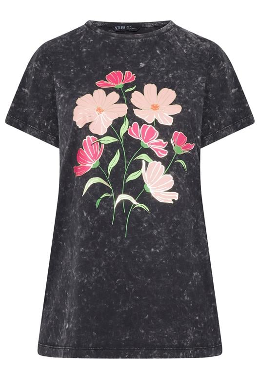 YOURS Plus Size Grey Acid Wash Flower T-Shirt | Yours Clothing 1