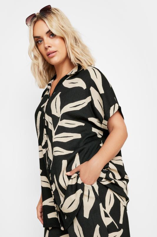 YOURS Plus Size Black Leaf Print Crinkle Short Sleeve Shirt | Yours Clothing 1