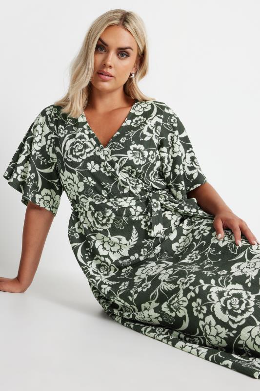 YOURS Plus Size Khaki Green Floral Print Textured Wrap Dress | Yours Clothing 2