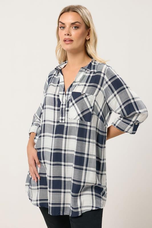 YOURS Curve Navy Blue Check Print Boyfriend Shirt