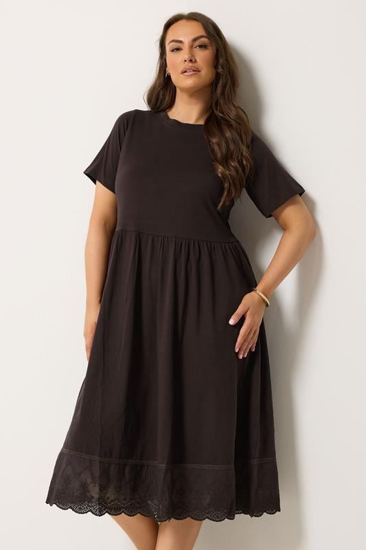 YOURS Curve Chocolate Brown Broderie Anglaise Trim Dress