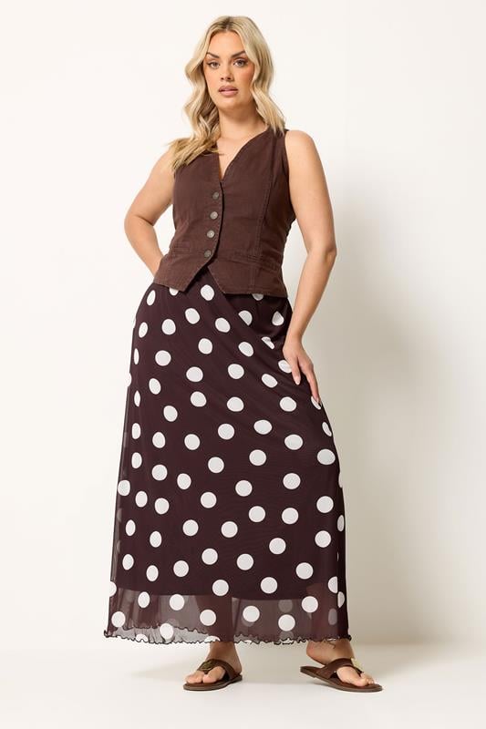  YOURS Curve Chocolate Brown Polka Dot Mesh Skirt