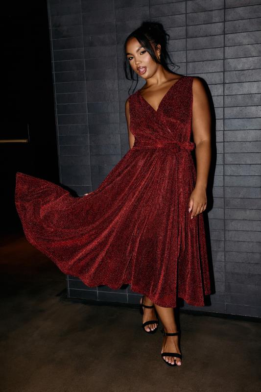 YOURS LONDON Plus Size Red Metallic Wrap Skater Dress | Yours Clothing 1