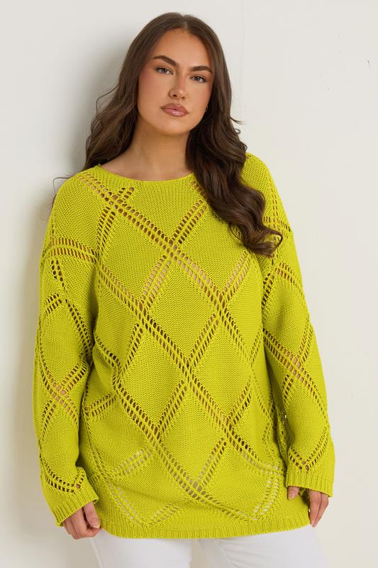 EVANS Plus Size Chartreuse Green Diamond Pointelle Jumper | Evans 2