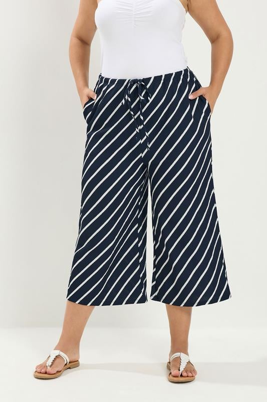  YOURS Curve Navy Blue Striped Crinkle Culottes