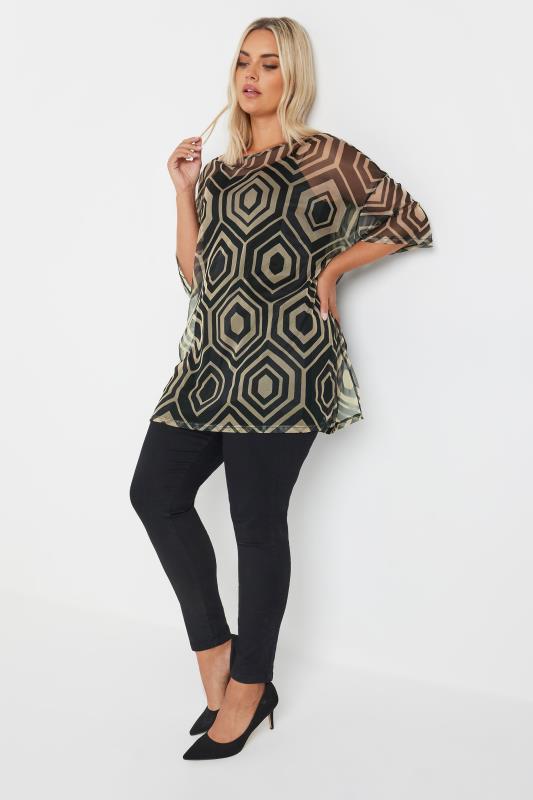 YOURS Plus Size Natural Brown Geometric Print Mesh Top | Yours Clothing 2