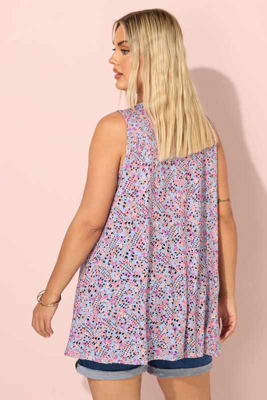 YOURS Plus Size Blue Floral Print Pointelle Vest Top | Yours Clothing 3
