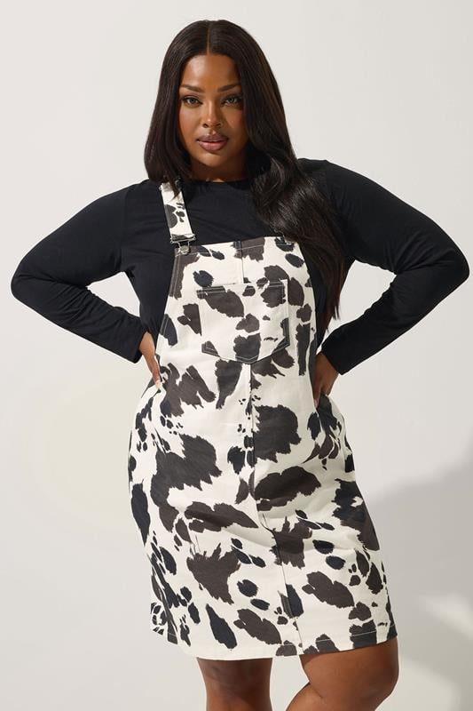 LIMITED COLLECTION Plus Size White Denim Cow Pinafore Dress | Yours Clothing 1