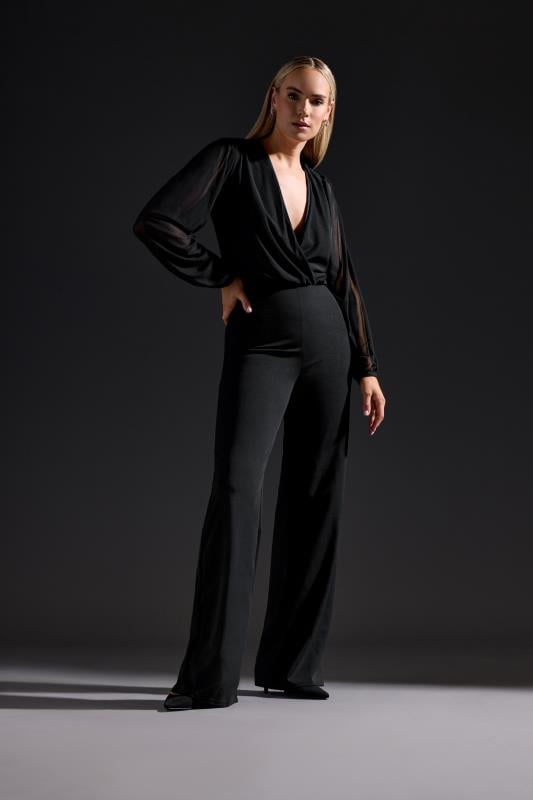 LTS Tall Black Wrap Mesh Sleeve Jumpsuit | Long Tall Sally  1