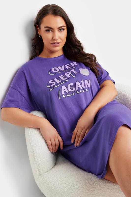 YOURS Plus Size Purple 'Overslept Again' Slogan Sleep Tee Nightdress 1