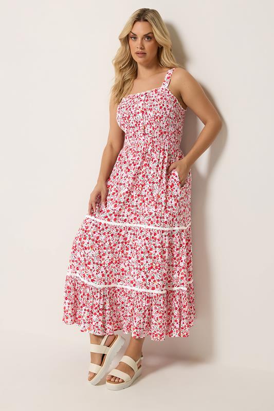  YOURS Curve Pink Shirred Floral Placket Dress