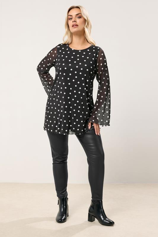 YOURS Plus Size Black Polka Dot Mesh Swing Top | Yours Clothing 1