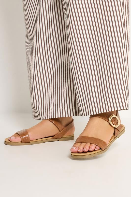  Yours Brown Croc Buckle Detail Sandals In Wide E Fit