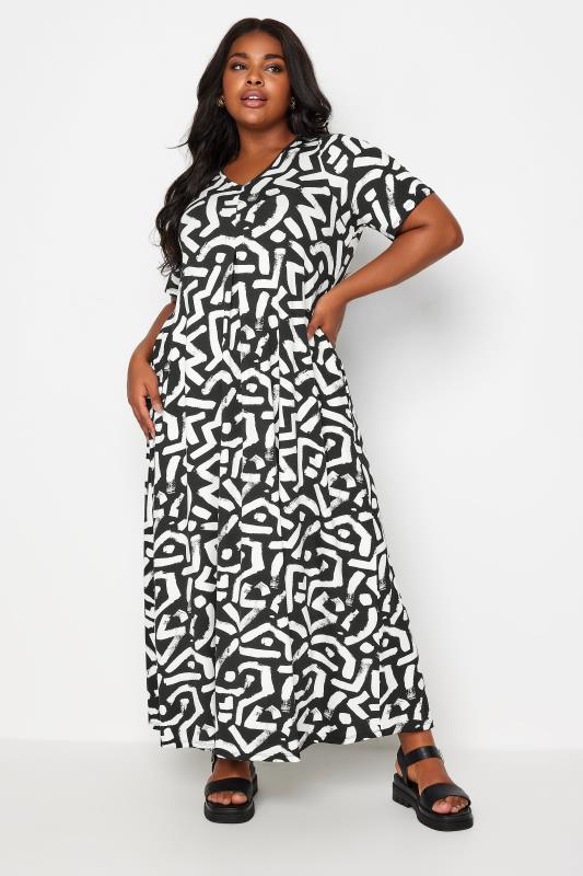 YOURS Curve Black & White Abstract Print Pleated Maxi Dress | Yours Clothing 1