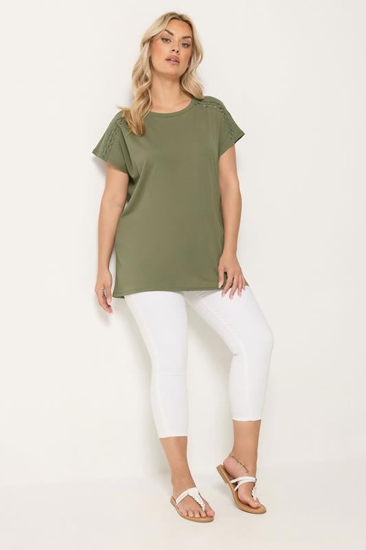 YOURS Plus Size Khaki Green Trim Detail T-Shirt | Yours Clothing 1