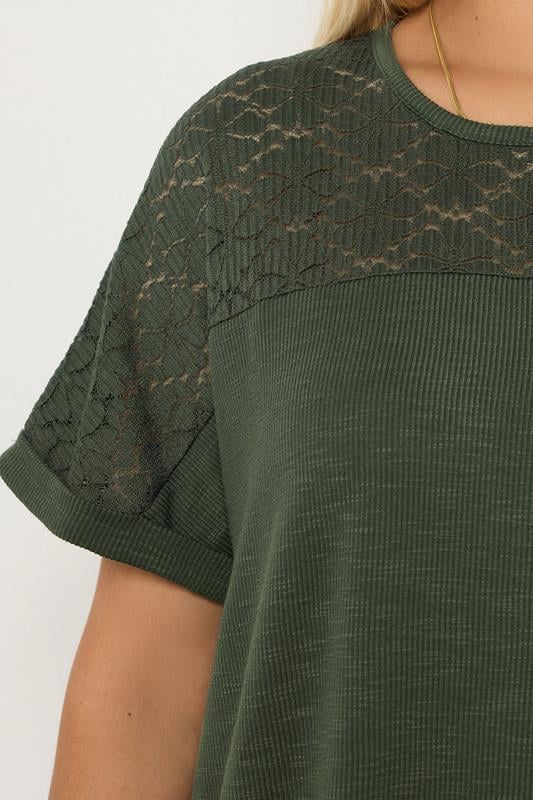 YOURS Plus Size Khaki Green Lace Panel T-Shirt | Yours Clothing 4