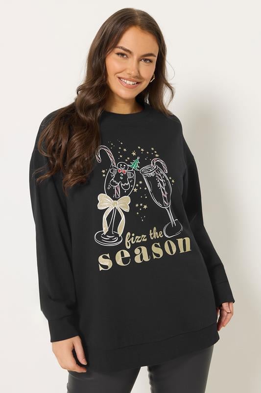  YOURS Curve Black 'Fizz The Season' Glitter Christmas Novelty Sweatshirt