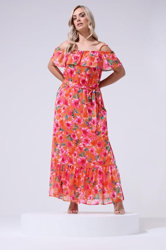  YOURS LONDON Curve Orange Floral Metallic Cold Shoulder Dress
