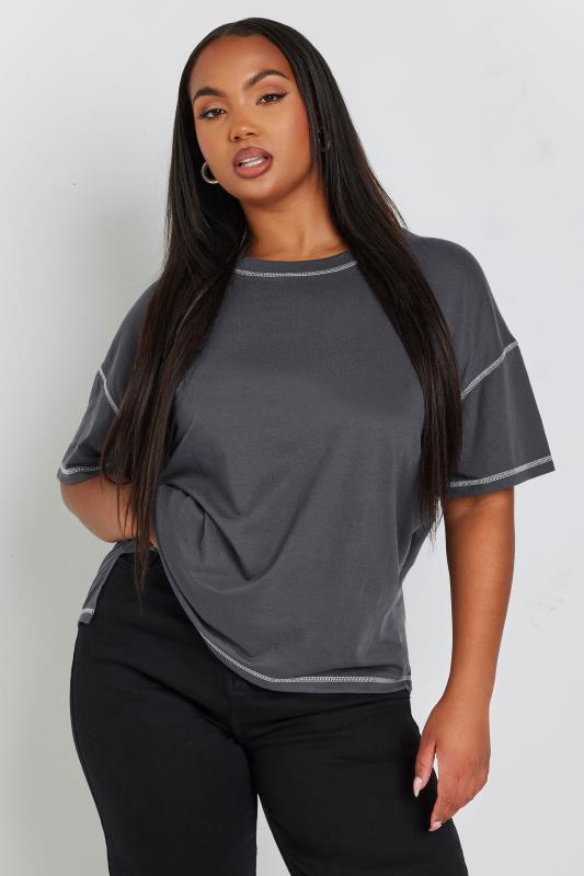 YOURS Plus Size Grey Contrast Stitch T-Shirt | Yours Clothing 1