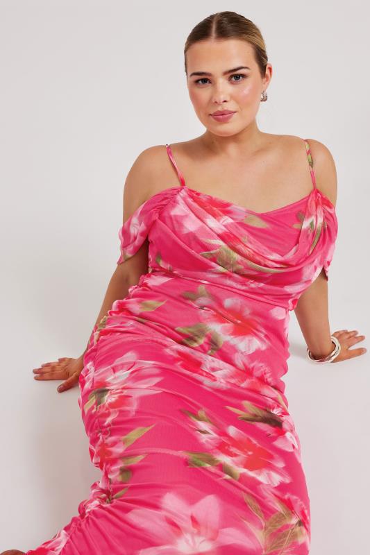 Plus Size  YOURS LONDON Curve Pink Floral Print Cold Shoulder Dress