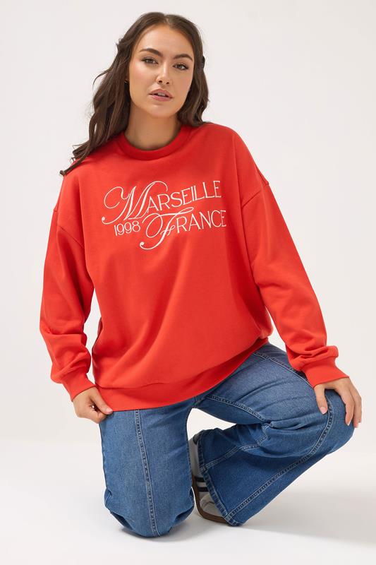 YOURS Curve Red Embroidered 'Marseille France' Sweatshirt