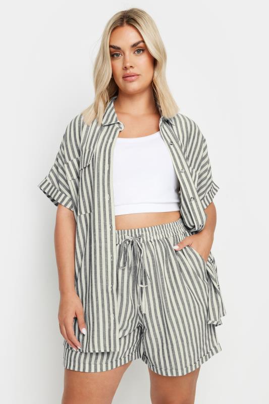 YOURS Plus Size Black Stripe Linen Shorts | Yours Clothing 5