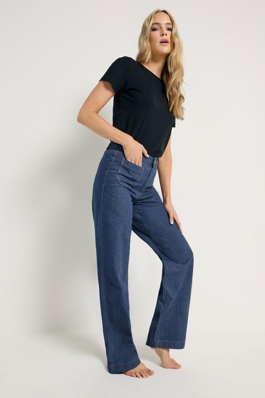 LTS Tall Womens Indigo Blue Pocket Detail Cotton Wide Leg Jeans | Long Tall Sally 1