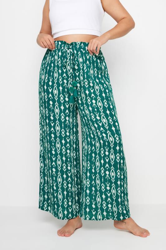 YOURS Plus Size Green Ikat Print Beach Trousers | Yours Clothing 1